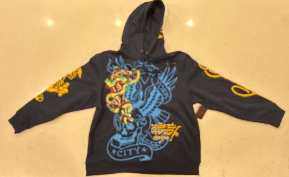 Ed Hardy Panther Bulldog Hoodie Size XL Navy Blue Tattoo Graphic